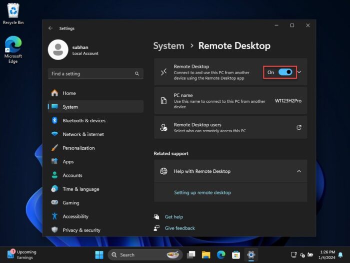 Allow Remote Desktop connection