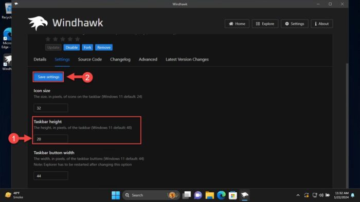 Change taskbar height with WindHawk