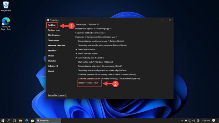 Change the taskbar size using ExplorerPatcher