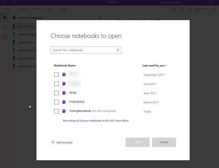 Choose notebooks to open in OneNote app