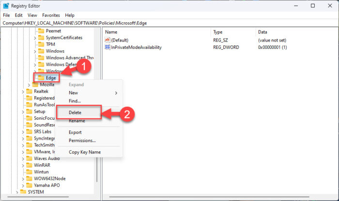 How To Enable, Disable In-Private Browsing In All Browsers 27 Delete the Edge key or value to restore InPrivate browsing in Microsoft Edge