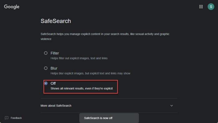 Disable Google SafeSearch