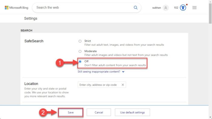 Disable SafeSearch in Bing