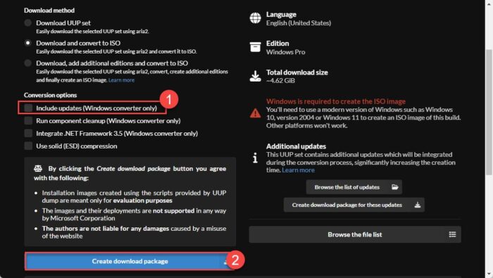 Do not include updates and create package
