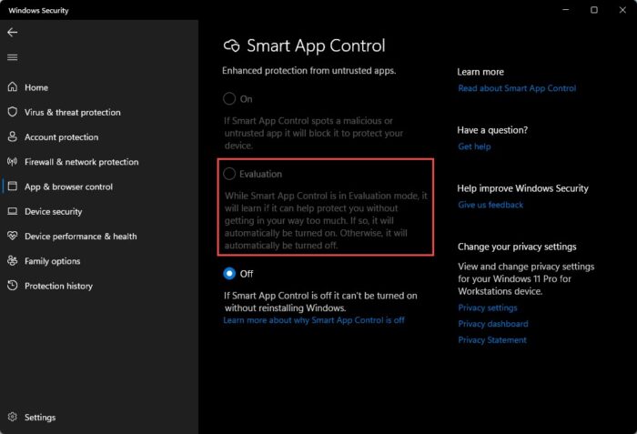 Enable Smart App Control in evaluation mode