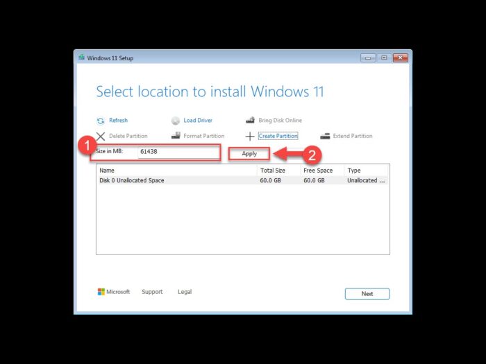Enter partition size