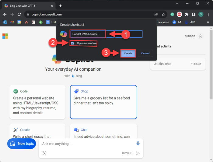 Install the Copilot app using Chrome