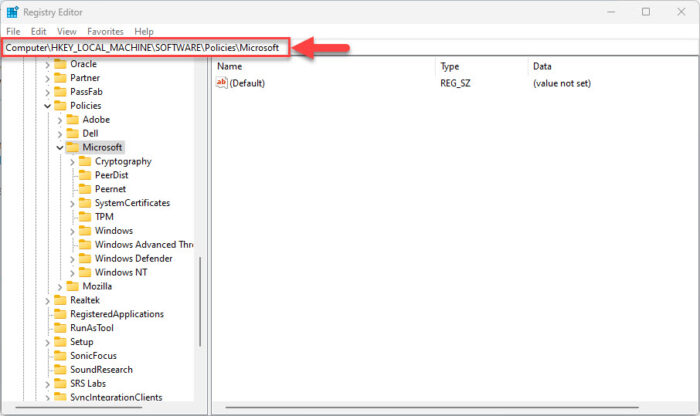 Navigate to Microsoft key