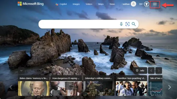 Open Bing settings