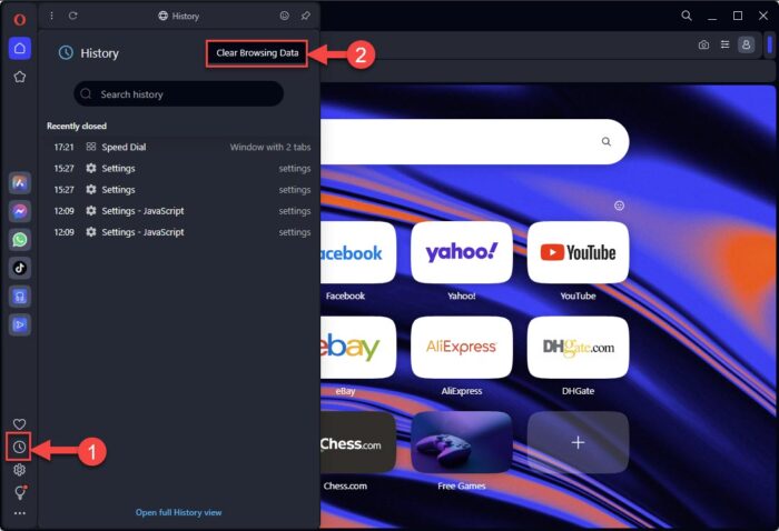 Open browsing history settings in Opera