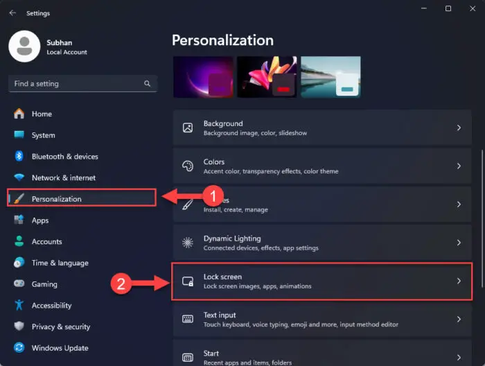 Open Lock Screen settings