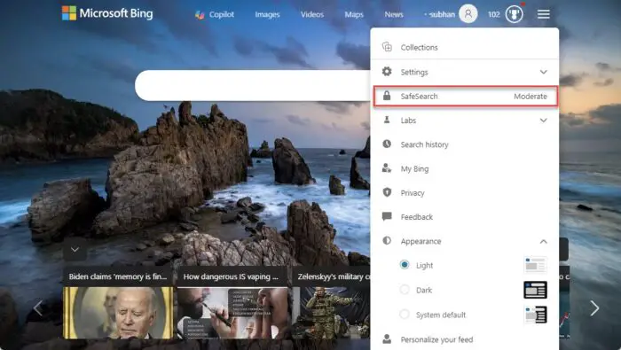 Open SafeSearch settings in Bing