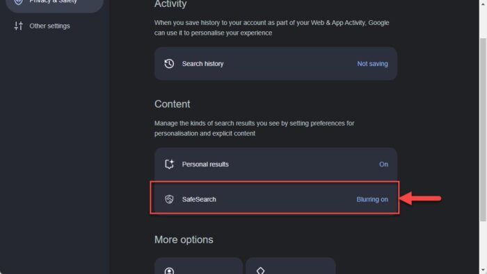 Open SafeSearch settings in Google