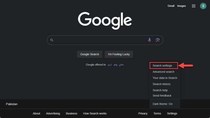 Open search settings