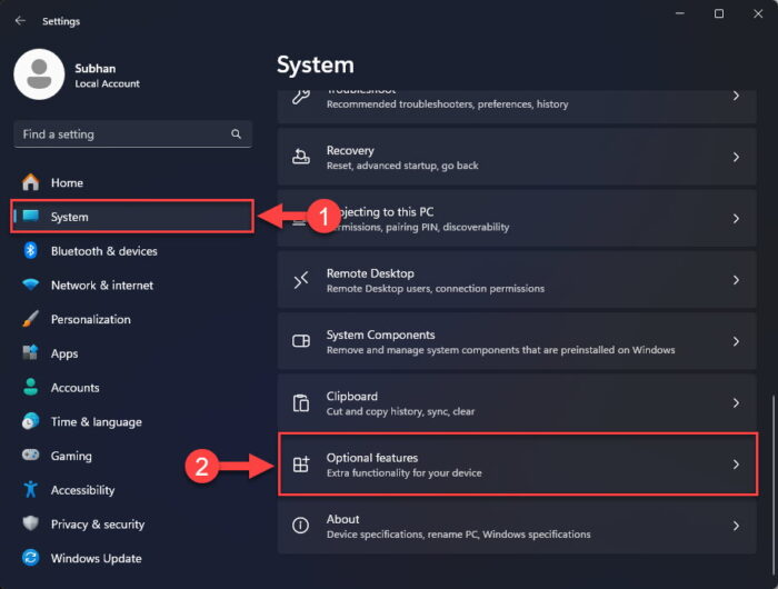 Open the optional features settings page