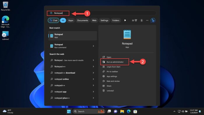 run Notepad with elevated rights