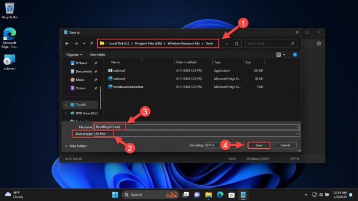 Save Notepad file as batch file