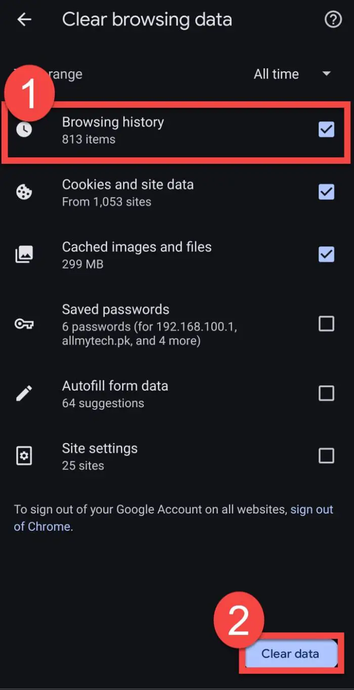Select history and other items to delete
