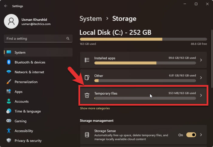 Temporary files in Storage Settings